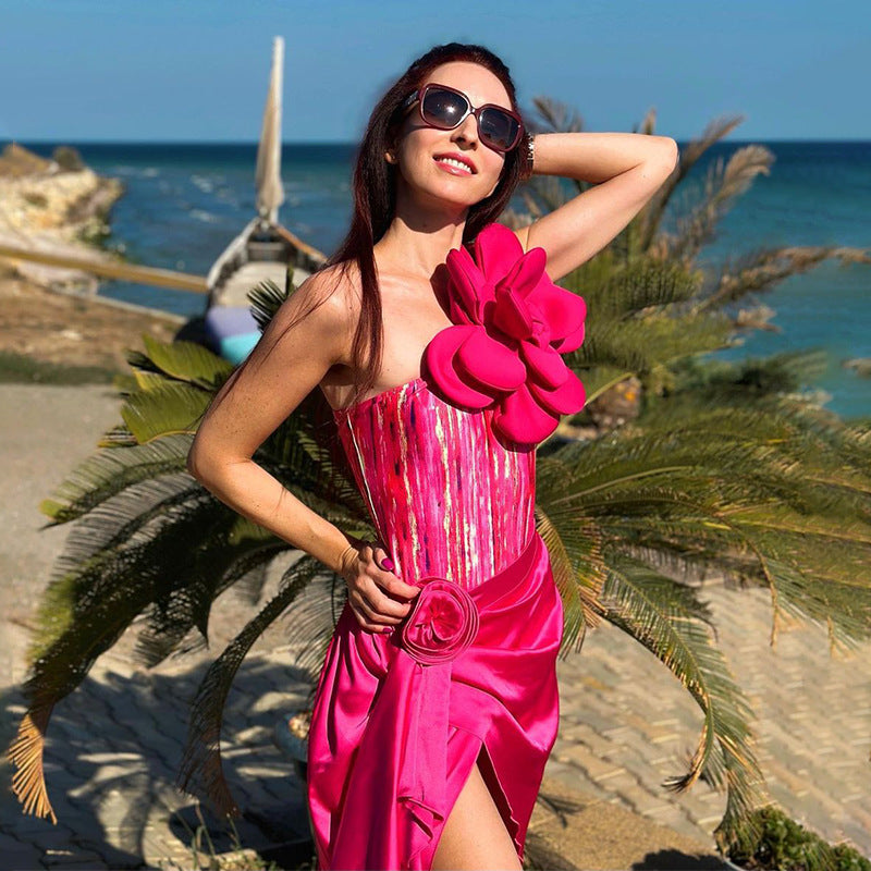 Rose Flame One-Shoulder Swimsuit - Rose Red