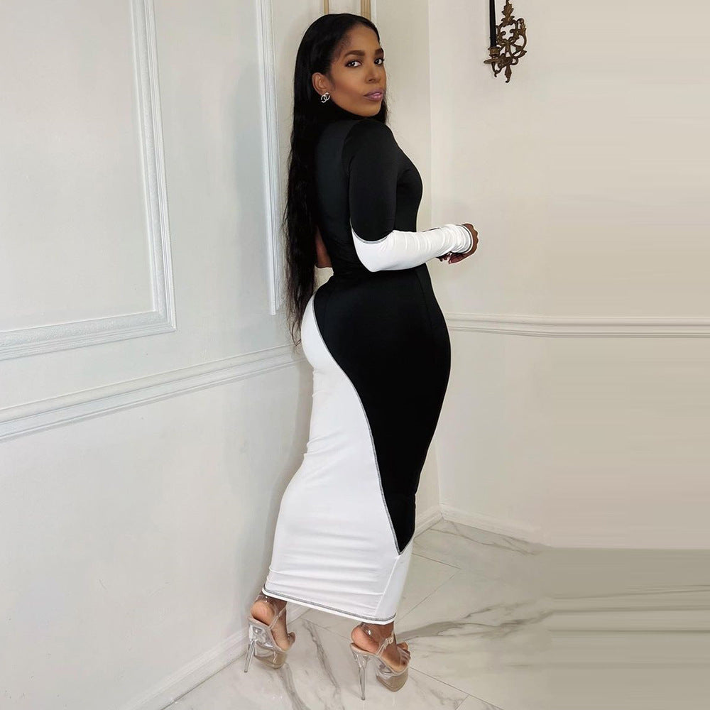Two Tone Asymmetric Single Long Sleeve Crew Neck Bodycon Maxi Dress 2