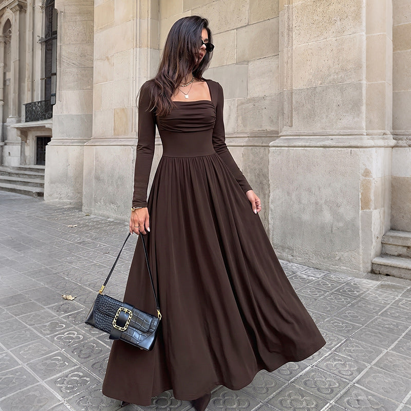 Square Neck Ruched Bust Long Sleeve Fit and Flare Maxi Dress 5