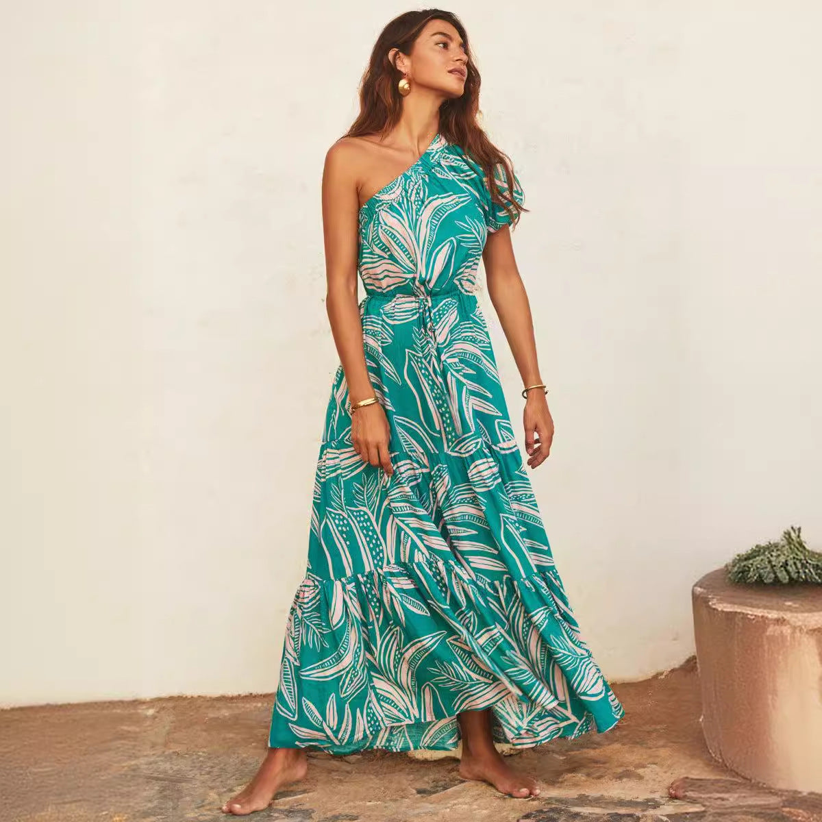 Casual Oblique Collar Floral Lace up off Shoulder Dress for