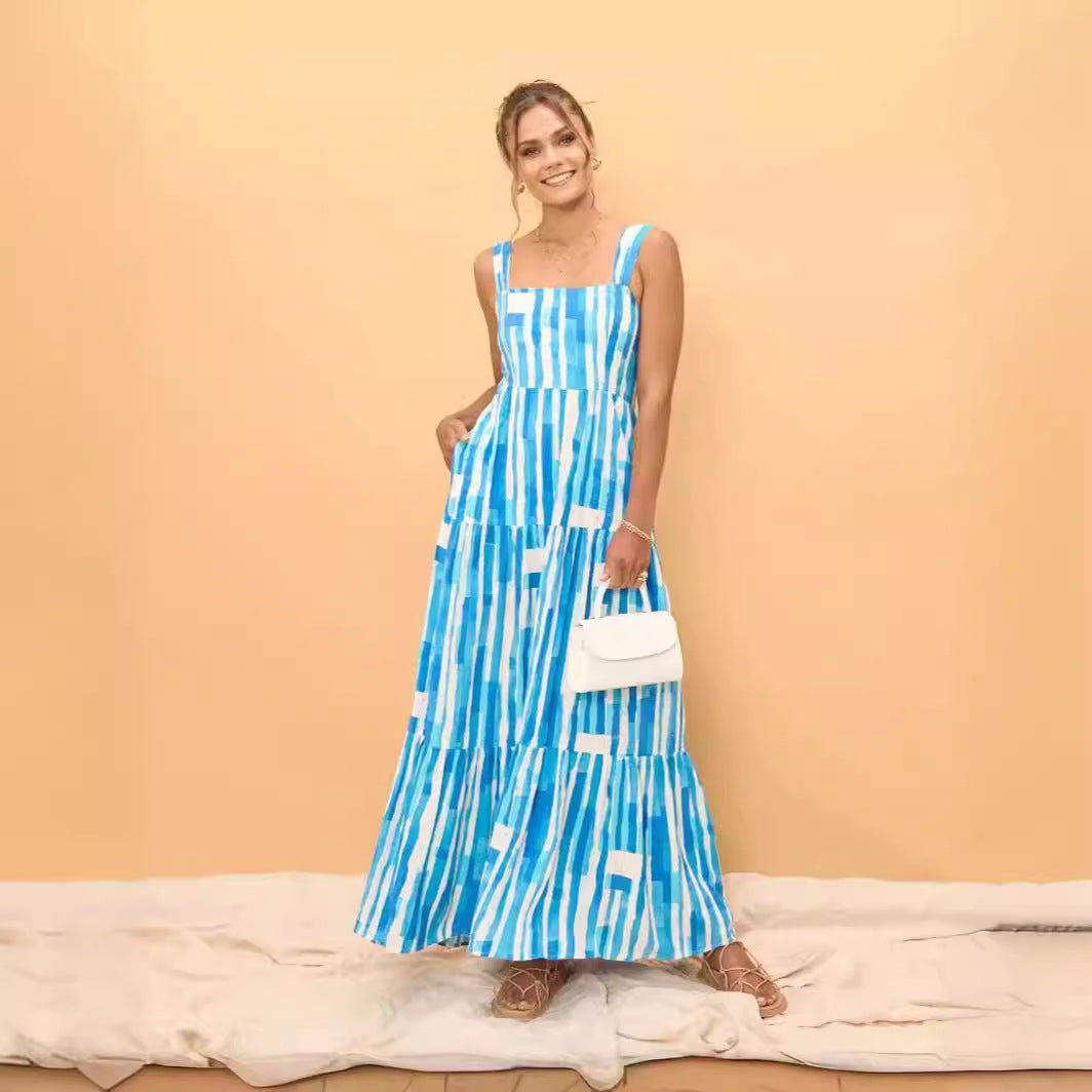Striped Print Square Neck Wide Strap Tiered Pocket Maxi Dress
