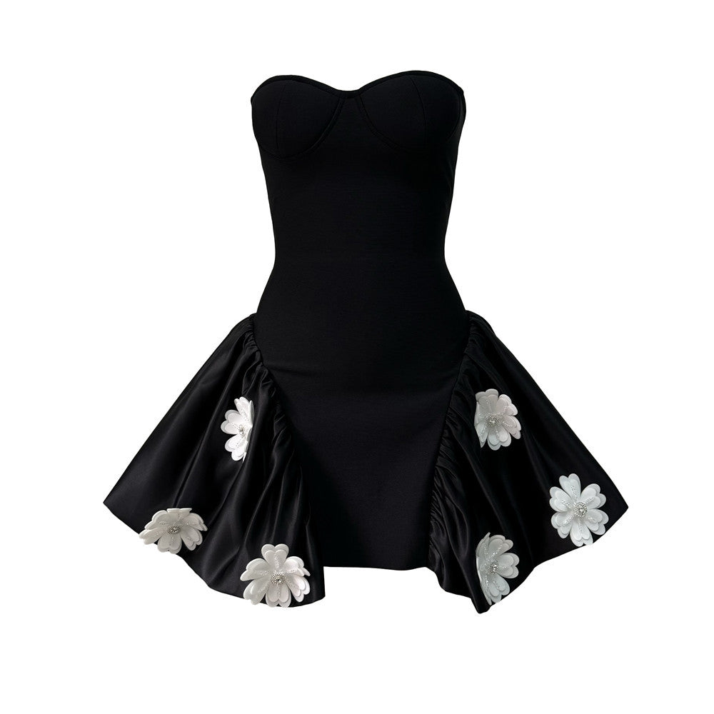 Strapless Bustier 3D Floral Bubble Hem Fit and Flare Mini Dress