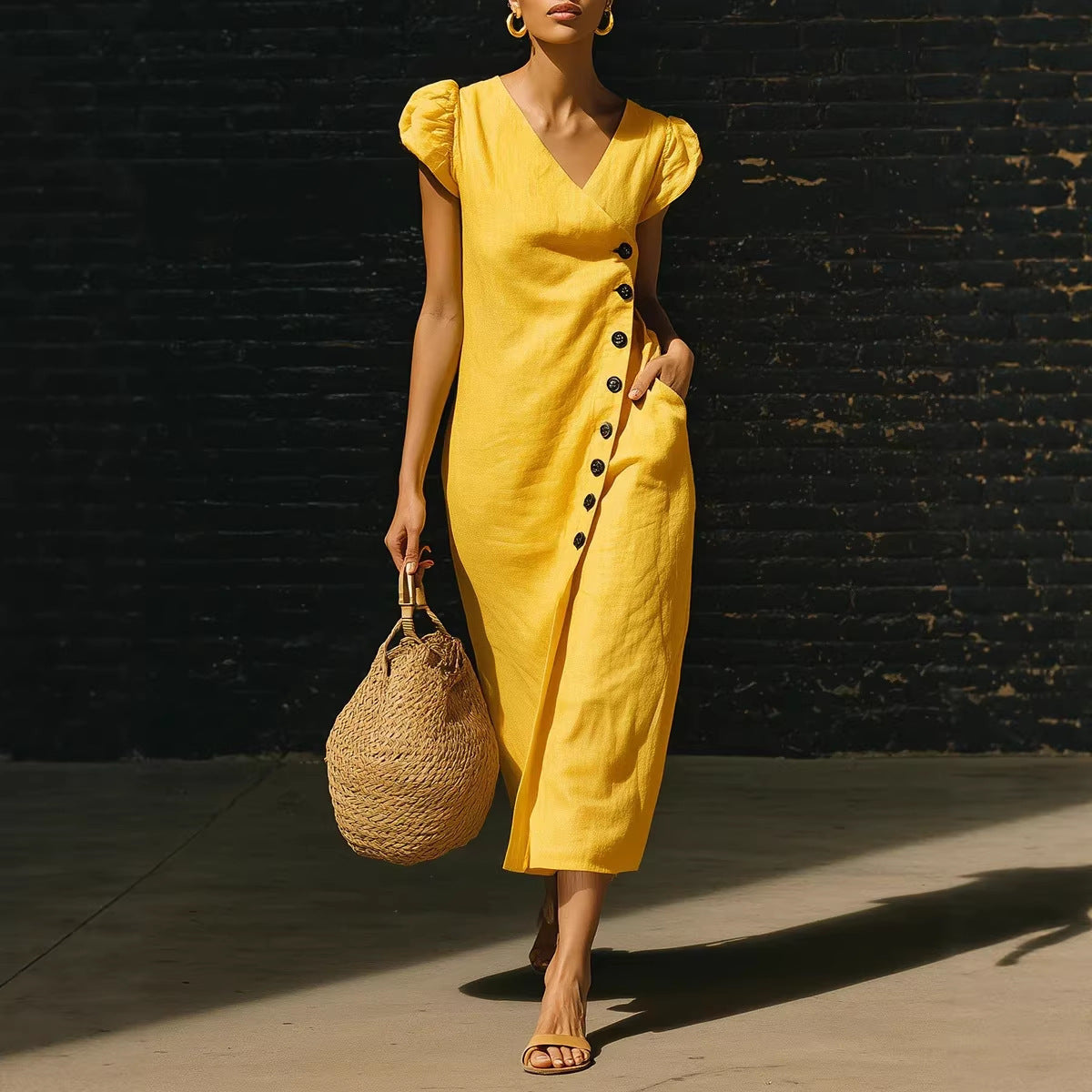 V-Neck Cap Sleeve Side Button Linen Midi Dress 10