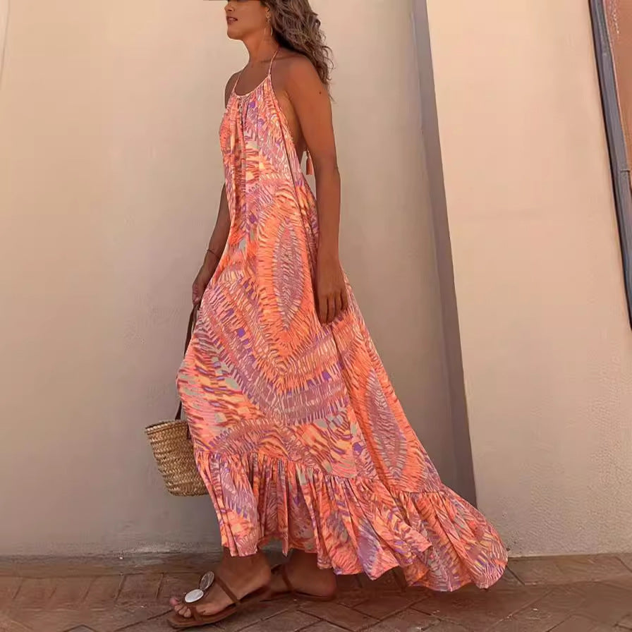 Abstract Print Halter Neck Sleeveless Ruffle Hem Swing Maxi Dress 2
