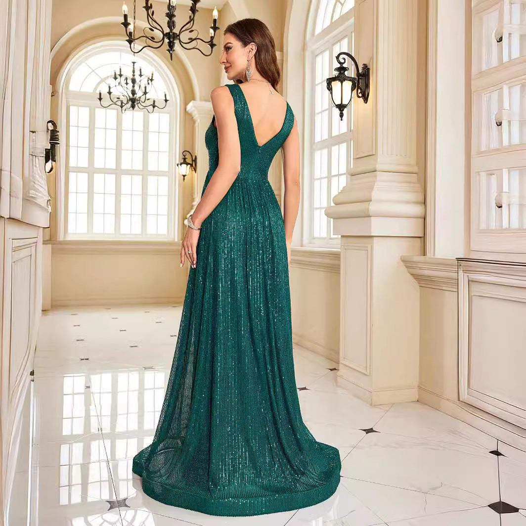 Sequin V-Neck Sleeveless Ruched Waist A-Line Maxi Gown