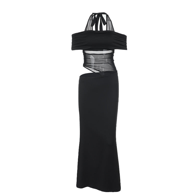 Summer off Shoulder Halter Mesh Hollow Out Cutout Waist Baring Slim Fit Formal Dress Women