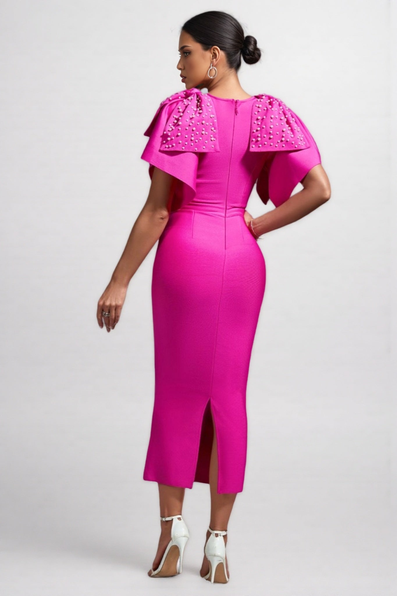Pearl Embellished Ruffle Cape Sleeve Bodycon Midi Dress