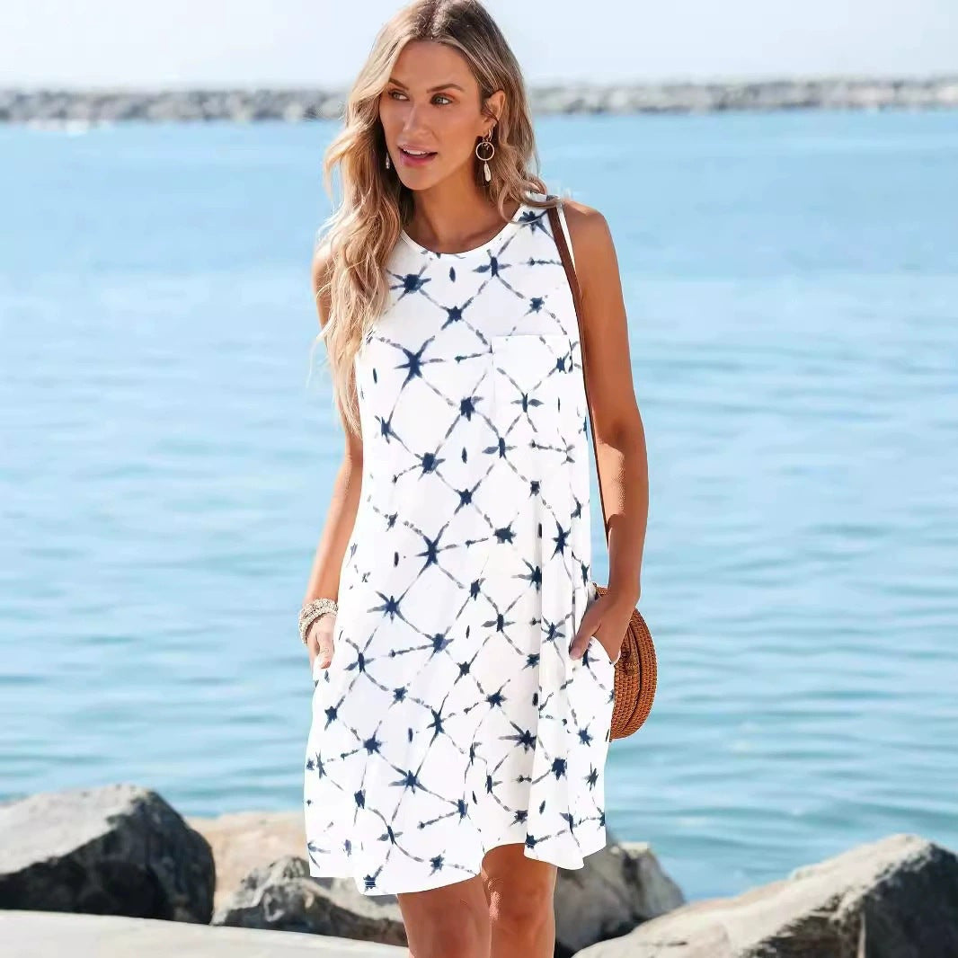 Tie Dye Sleeveless Pocket Shift Mini Dress