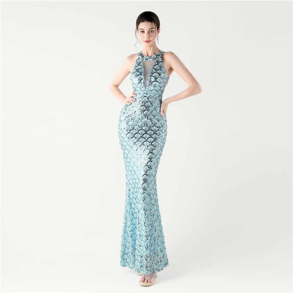 Sequin Halter Neck Backless Mermaid Maxi Evening Gown