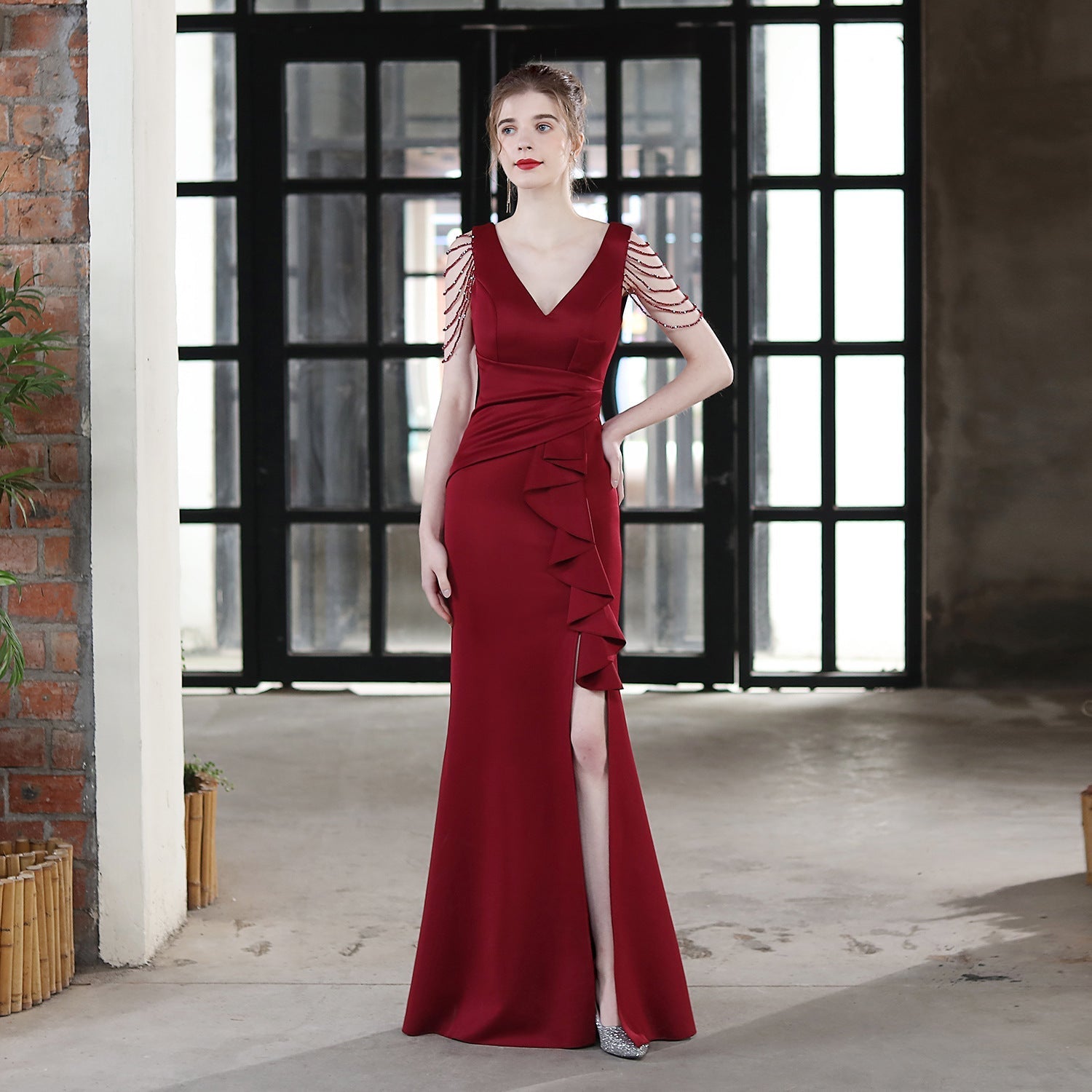 Deep V-Neck Beaded Shoulder Fringe Wrap Waist Side Ruffle High Split Maxi Gown