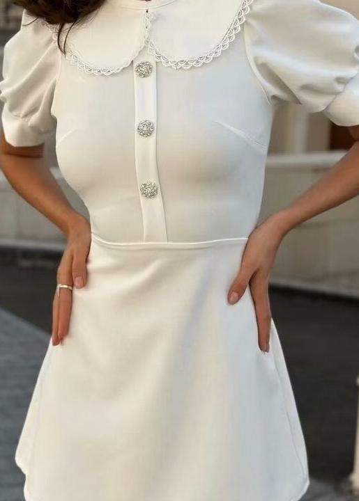Pearl Button Peter Pan Collar Puff Sleeve A-Line Mini Dress