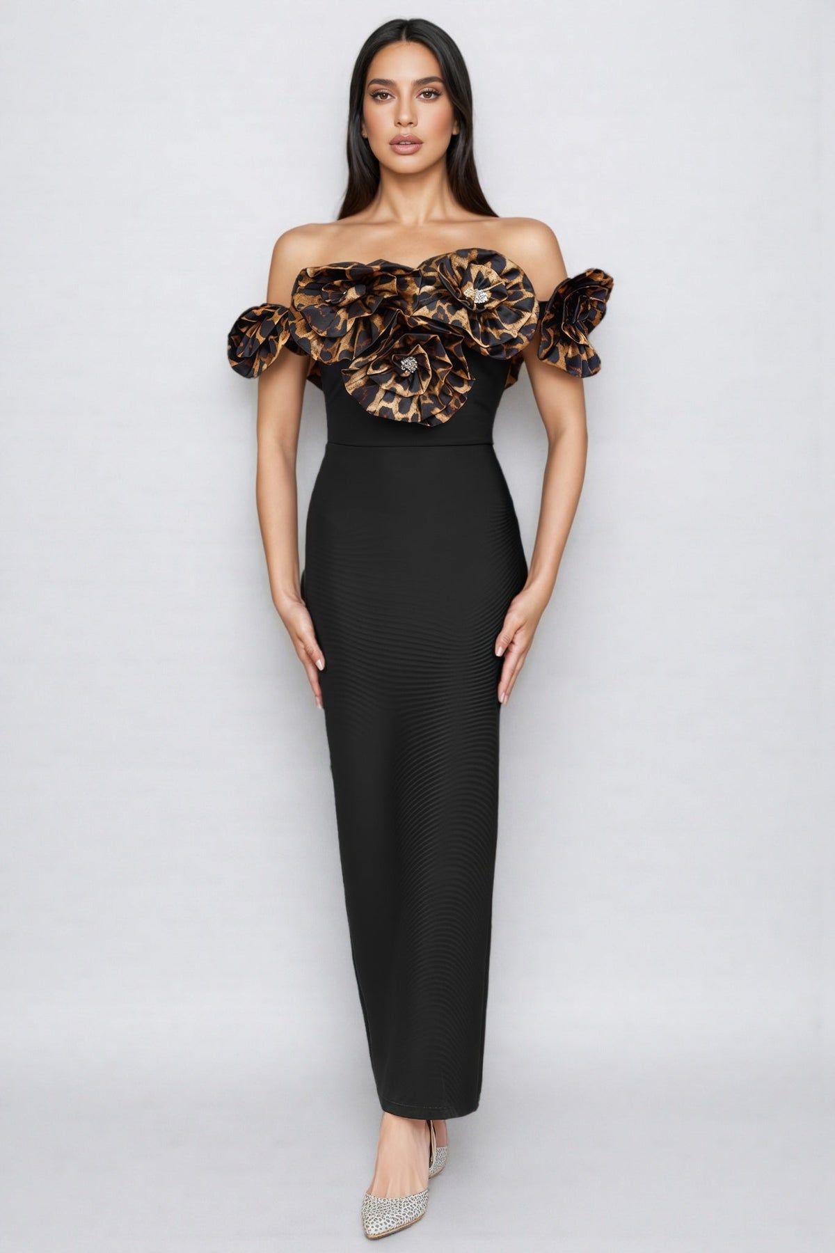 Off Shoulder Leopard Print Rosette Ribbed Bandage Maxi Dress