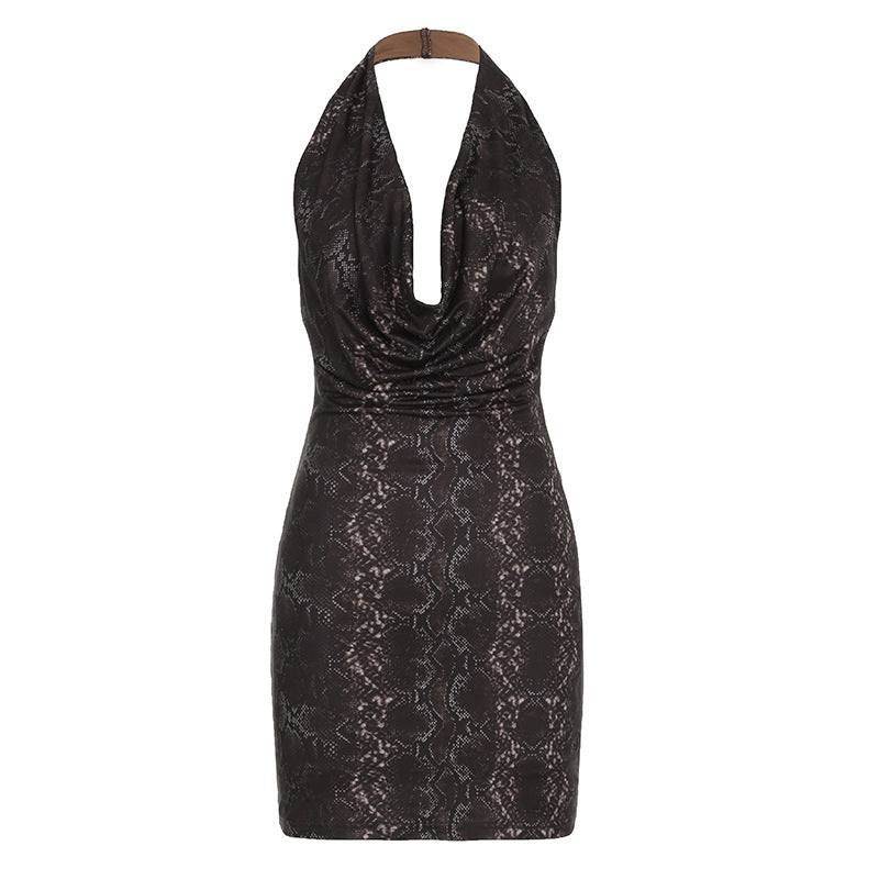 Snake Print Cowl Neck Halter Backless Mini Dress 5