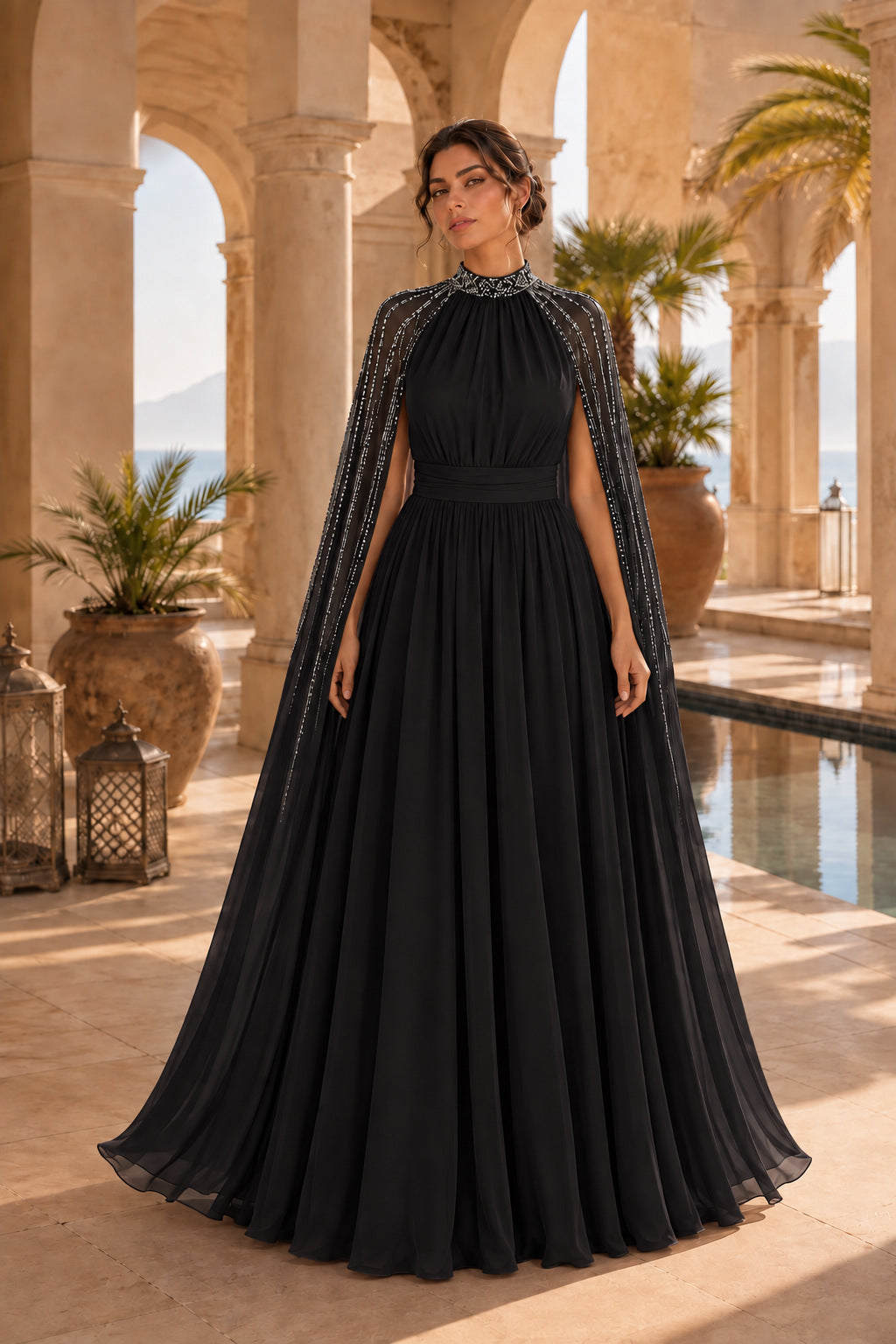 Chiffon Beaded Mock Neck Cape Sleeve Pleated A-Line Gown 4