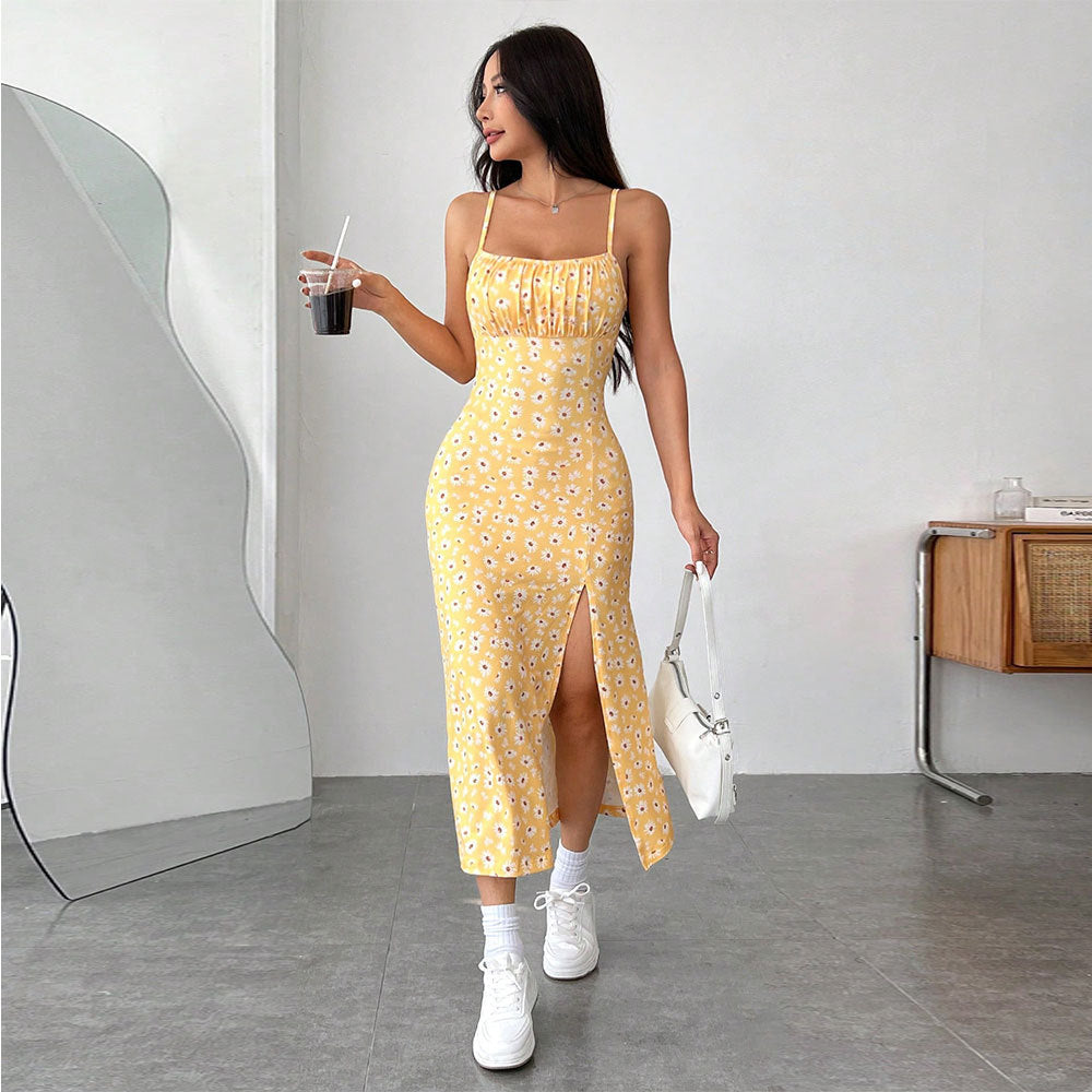 Floral Print Ruched Bust Cami Strap High Split Midi Dress 2