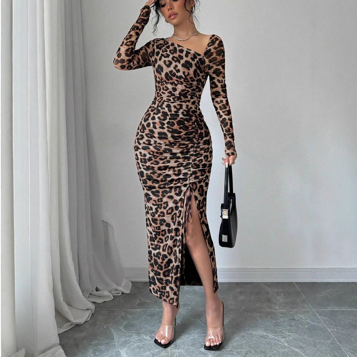 Leopard Print Asymmetric Neck Long Sleeve Ruched High Split Bodycon Midi Dress 2