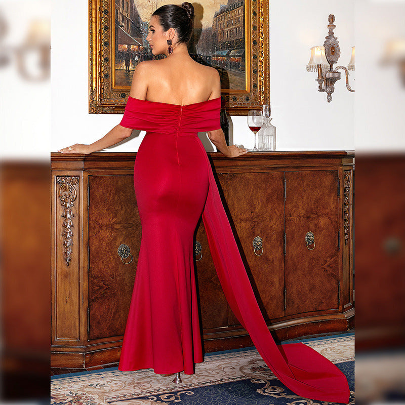 Off Shoulder Twist Front High Split Mermaid Maxi Gown