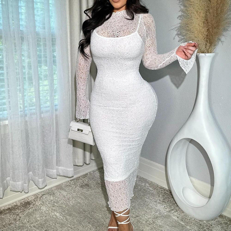 Sheer Lace Mock Neck Flare Long Sleeve Layered Bodycon Midi Dress 2