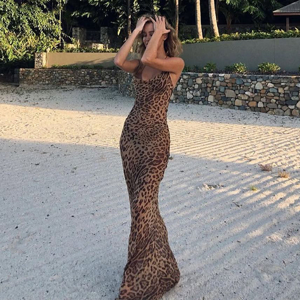 Animal Print Cowl Neck Spaghetti Strap Flowy Maxi Dress