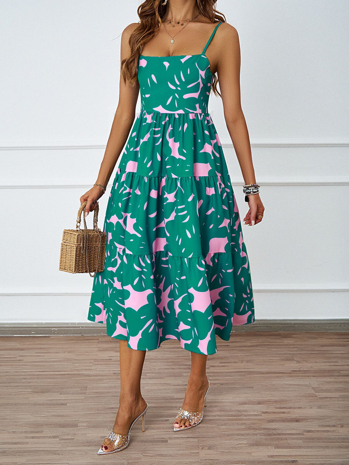 Leaf Print Square Neck Spaghetti Strap Tiered A-Line Midi Dress 3
