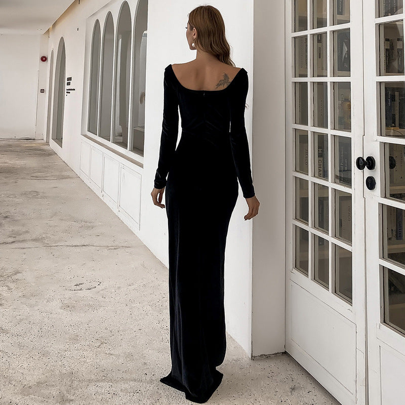 Velvet Sweetheart Long Sleeve Ruched High Split Maxi Gown