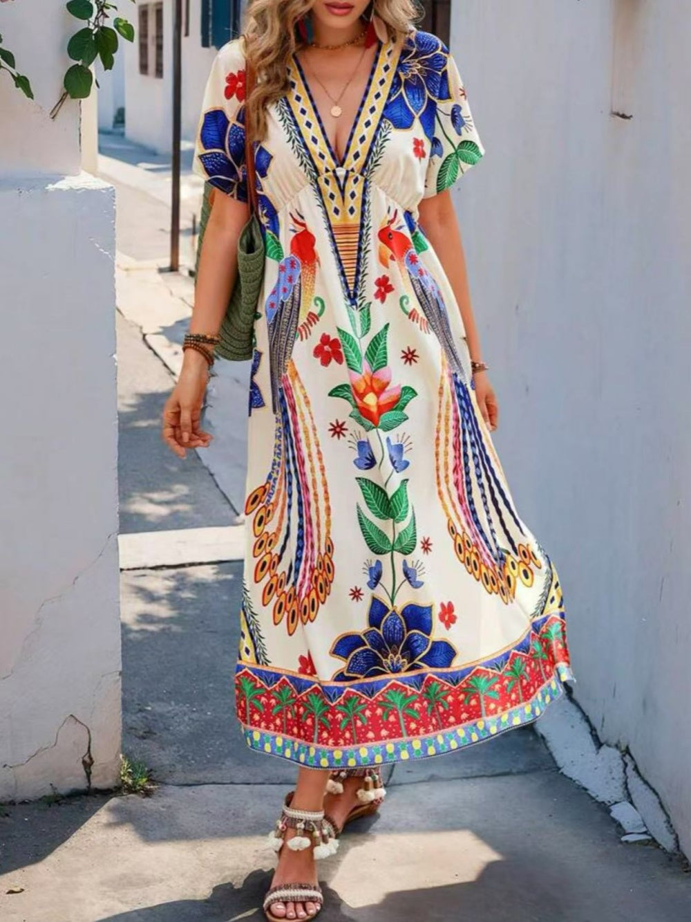 V-neck printed loose short-sleeved maxi dress Print