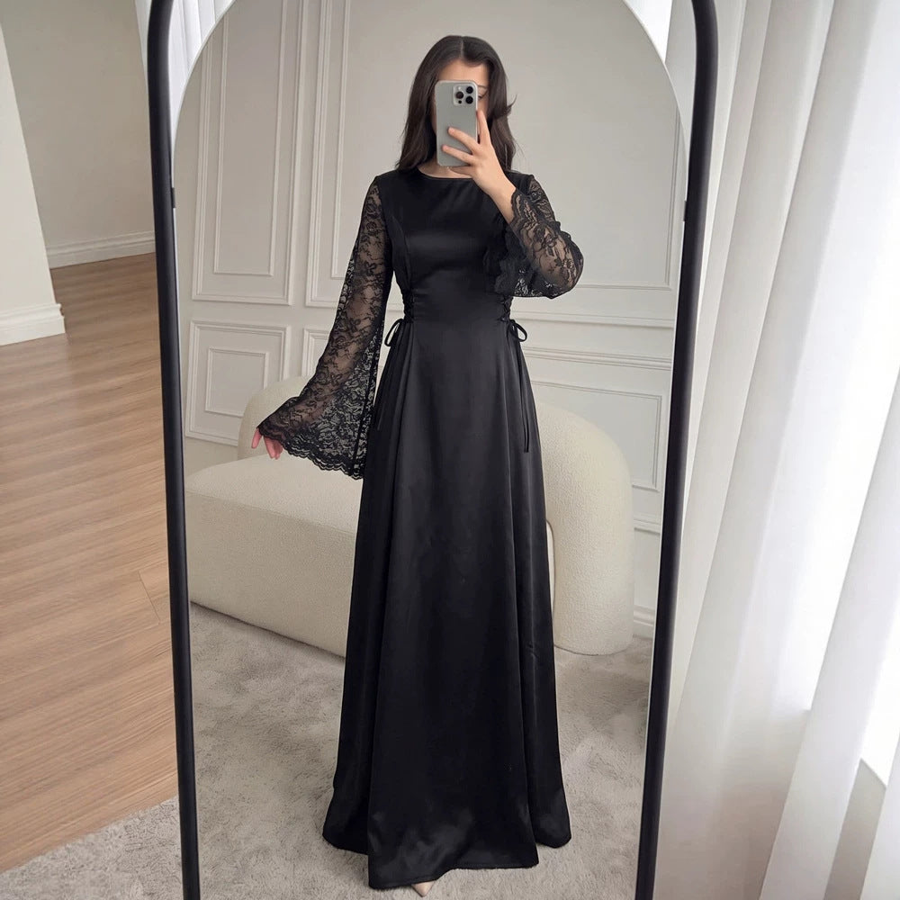 Satin Crew Neck Lace Bell Sleeve Side Lace Up A-Line Maxi Dress