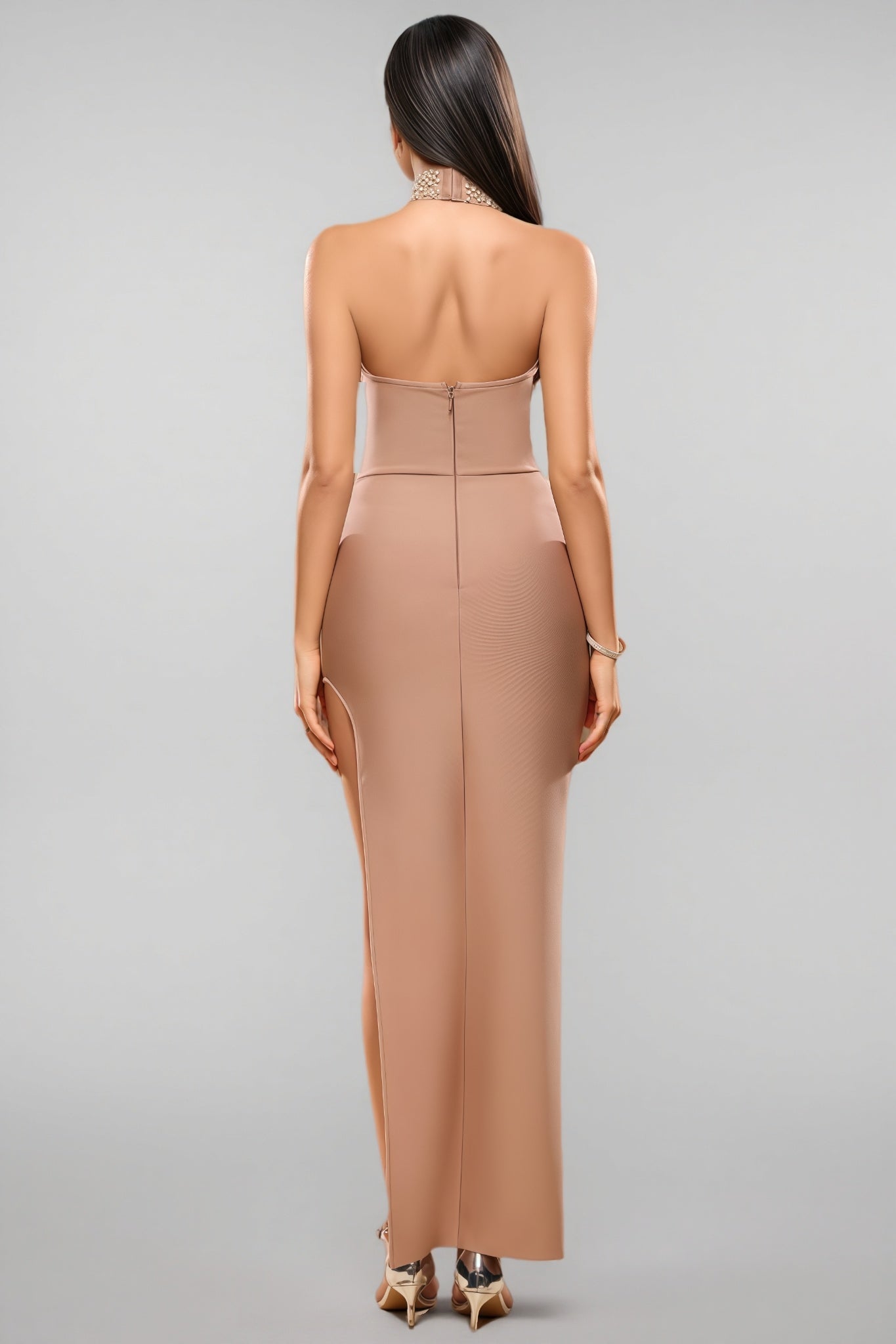 Pearl Beaded Halter Neck Bodycon Bandage Maxi Gown - View 6