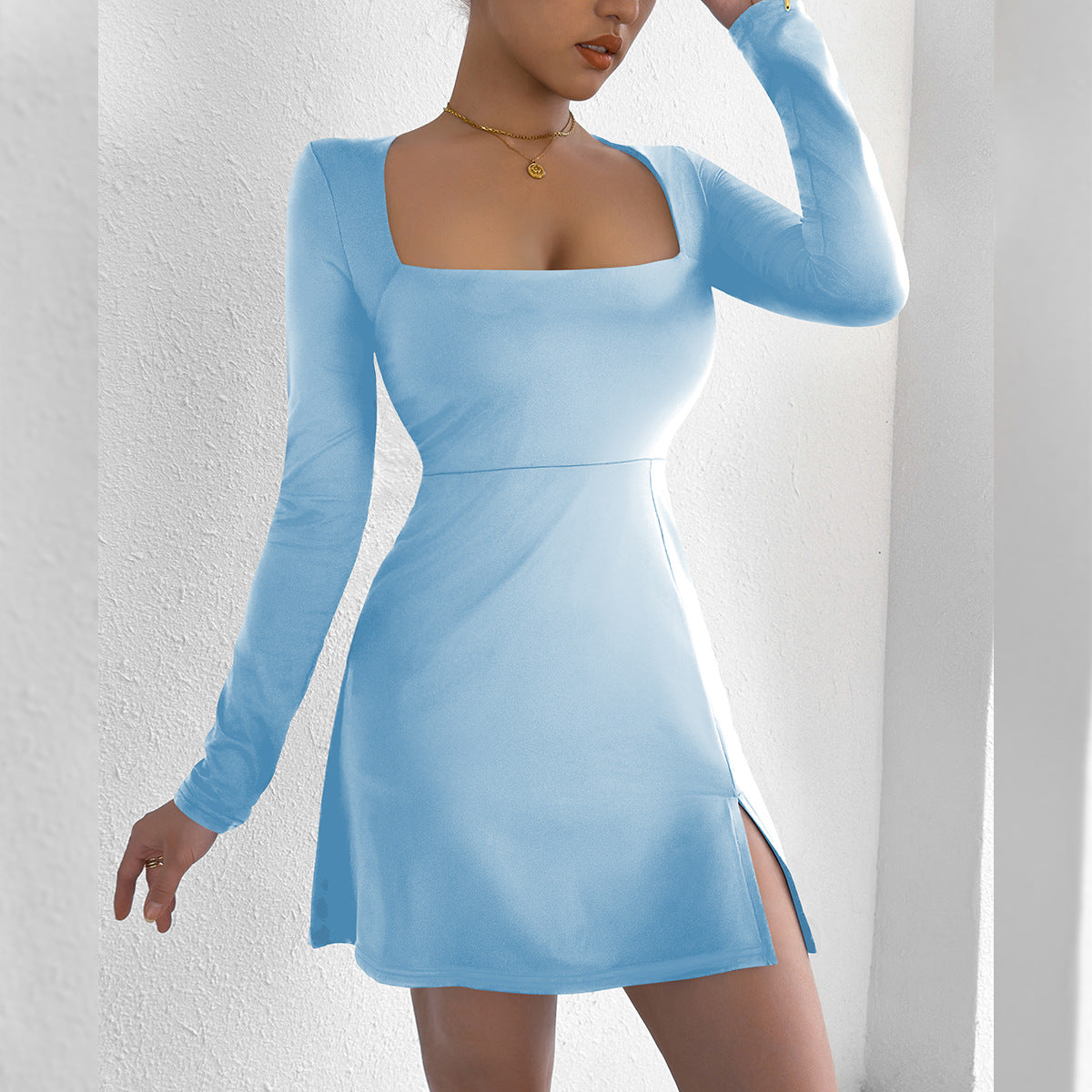 Square Neck Long Sleeve Side Slit A-Line Mini Dress 9