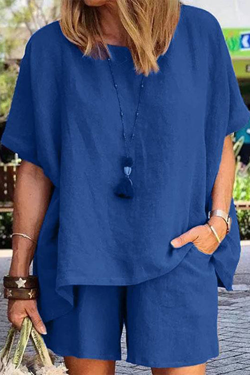 Solid Short Sleeve Blouse Shorts Set