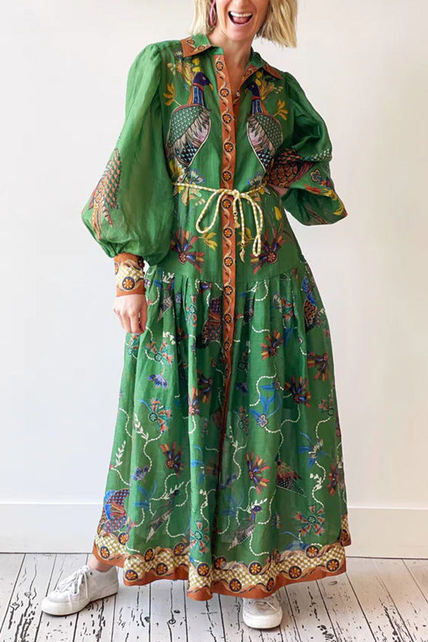 Bird and Floral Print Collared Belted Balloon Sleeve Pleated Maxi Shirt Dress 3