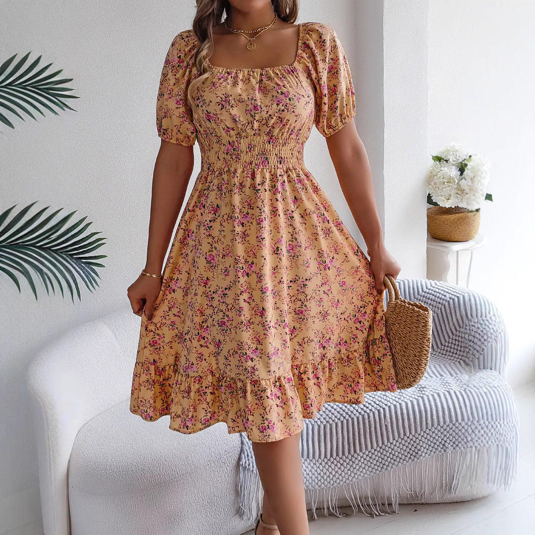Ditsy Floral Print Square Neck Puff Sleeve Shirred Waist Ruffle Hem Midi Dress