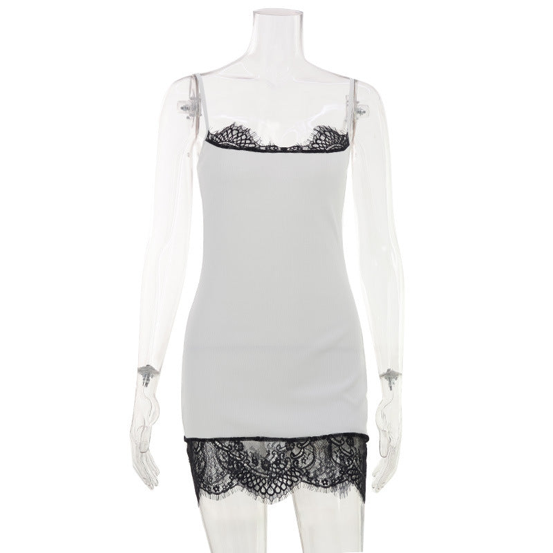 Ribbed Knit Lace Trim Spaghetti Strap Bodycon Mini Dress 2