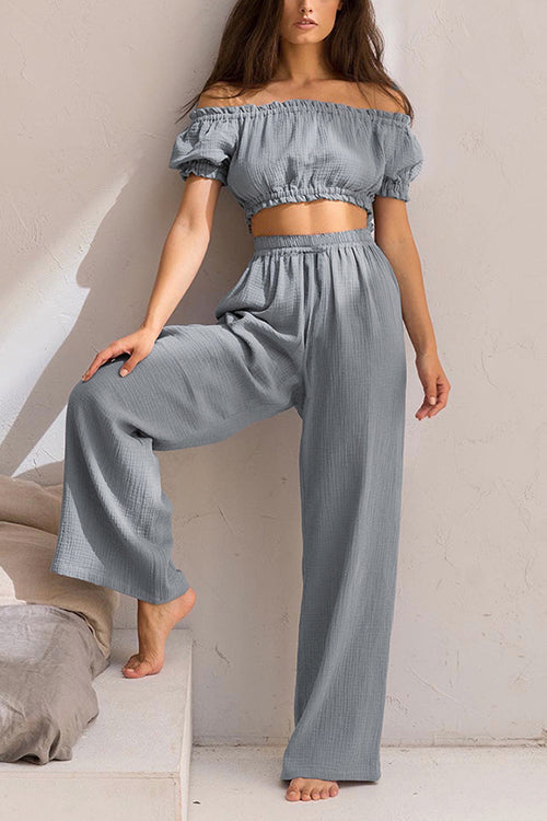 Off Shoulder Ruched Crop Top Pants Sets