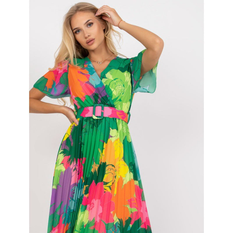 V-Neck Short Sleeve Floral Pleated Belted Midi Dress