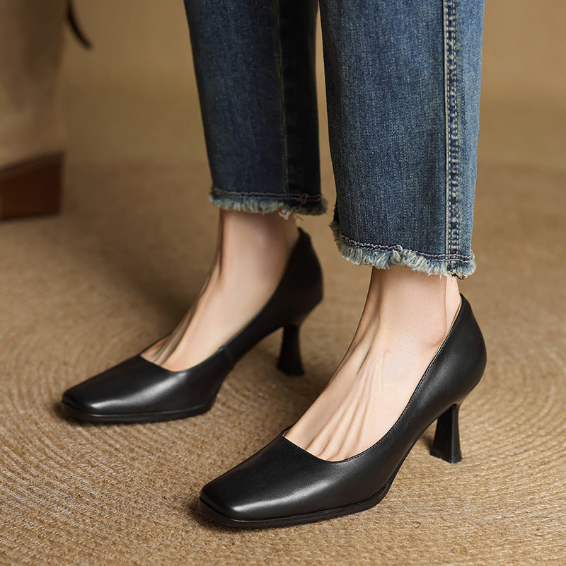 Square Toe Slip On Kitten Heel Leather Pumps