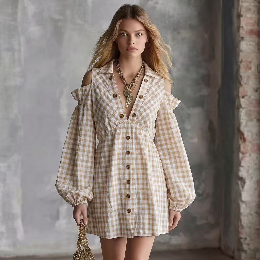 Fall Vintage off the Shoulder Lantern Sleeve Plaid Long Sleeve Elastic Waist Office Dress
