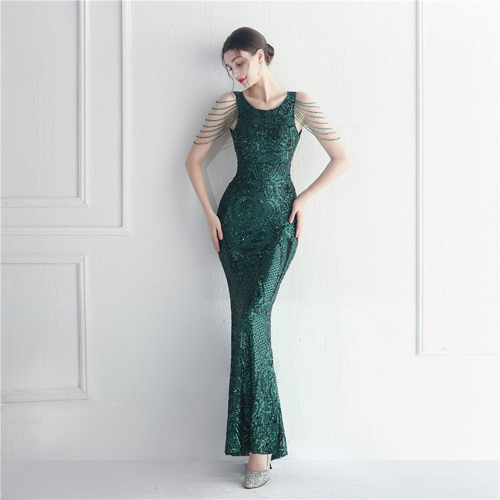 Sequin Beaded Round Neck Fringe Mermaid Maxi Gown