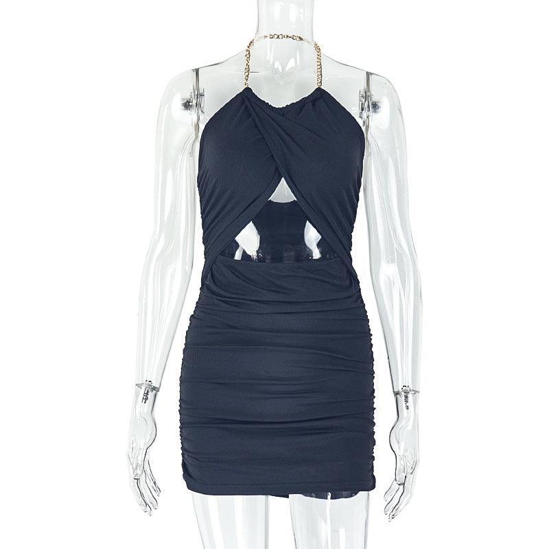 Chain Halter Neck Twist Front Cut Out Ruched Bodycon Mini Dress 6