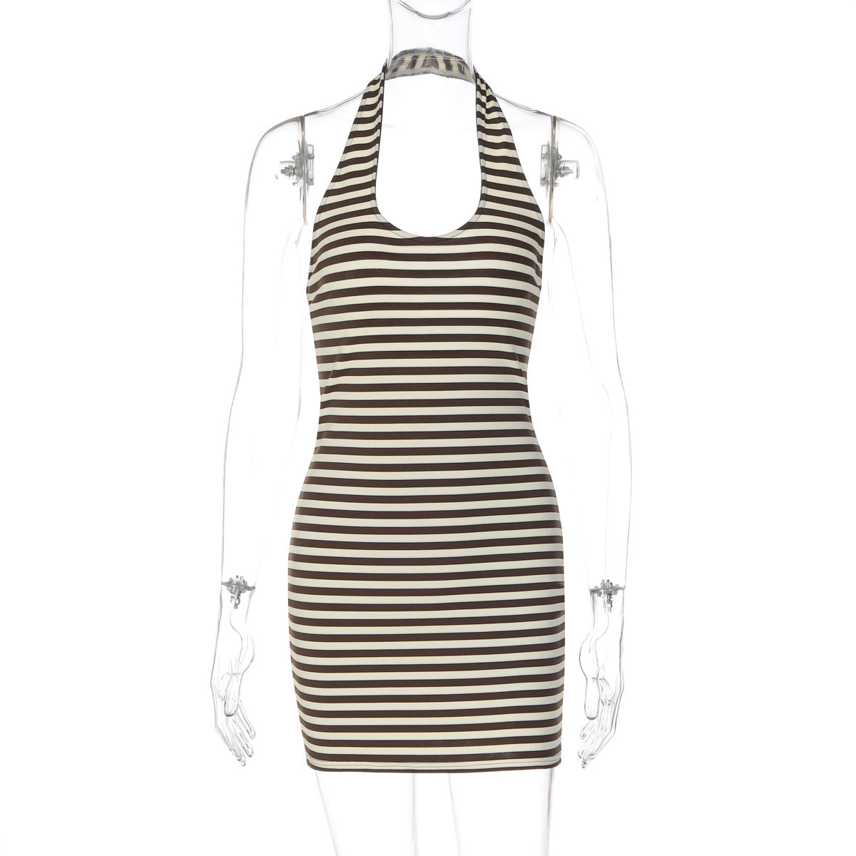 Striped Halter Neck Scoop Front Bodycon Mini Dress 2