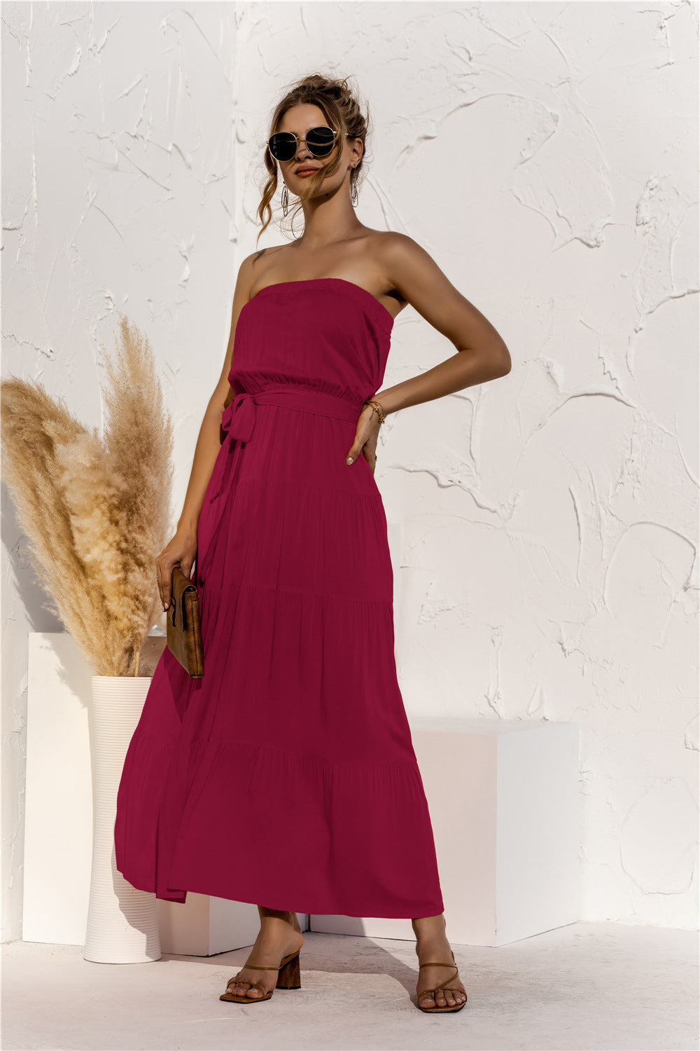 Free Falling Strapless Tiered Maxi Dress Merlot