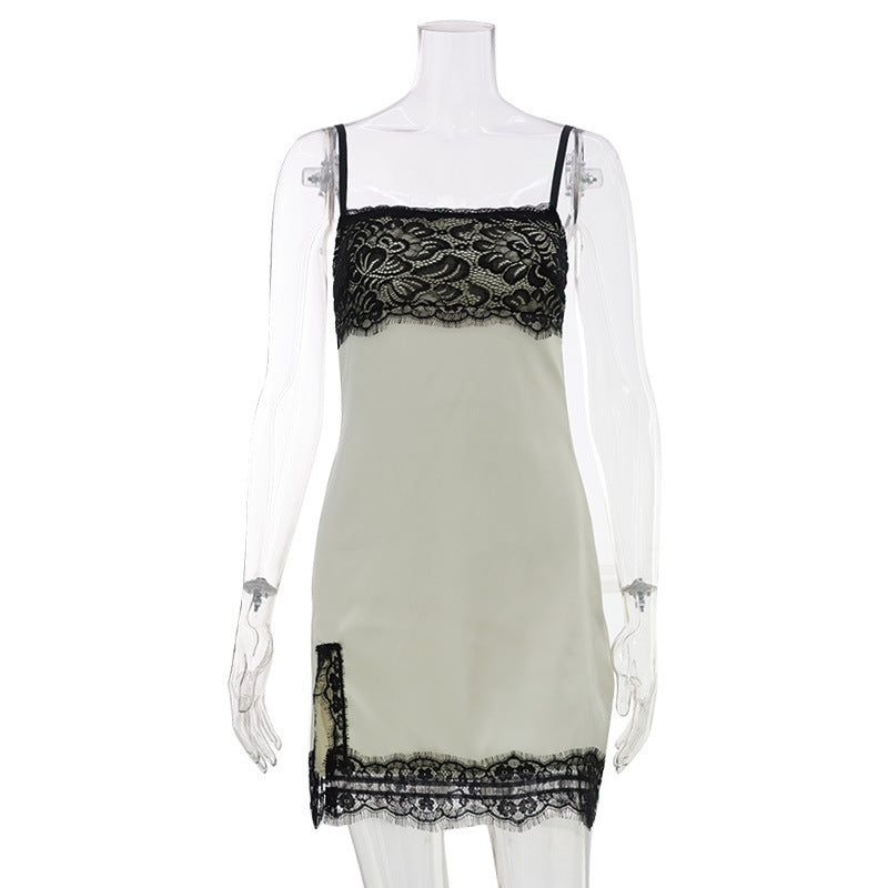 Satin Lace Trim Cami Side Split Mini Slip Dress 2