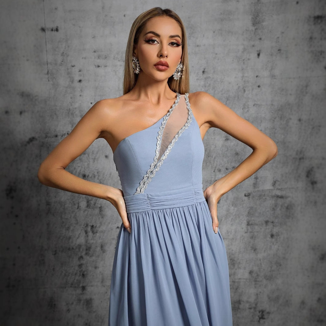 One Shoulder Lace Trim Chiffon A-Line Maxi Evening Gown