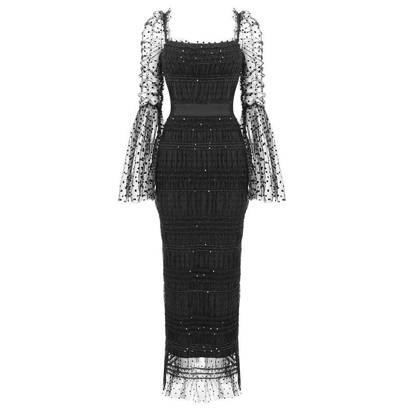 Polka Dot Mesh Square Neck Flared Sleeve Ruched Midi Dress 3