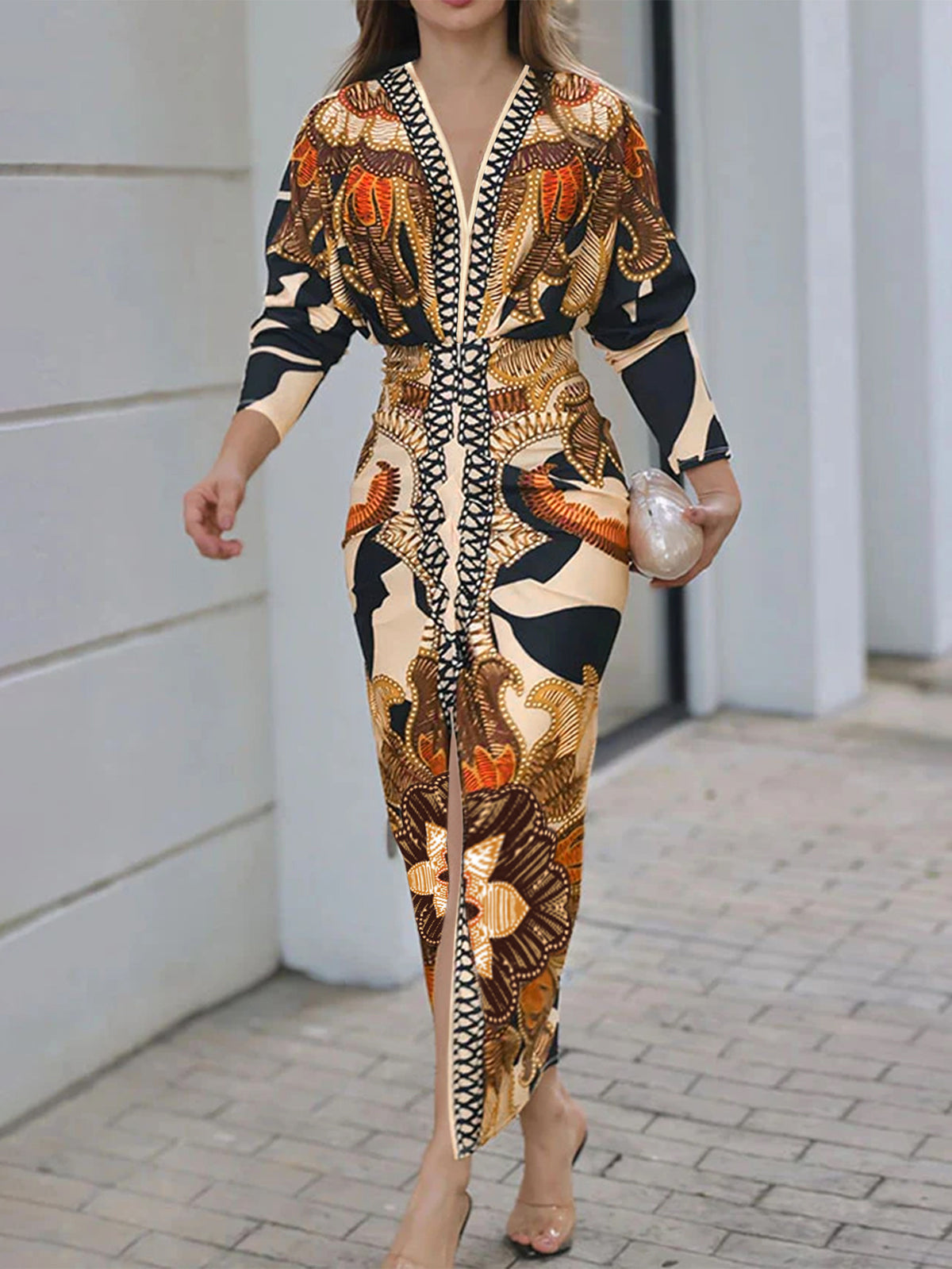 Paisley Print V-Neck Long Sleeve Front Slit Maxi Dress 2