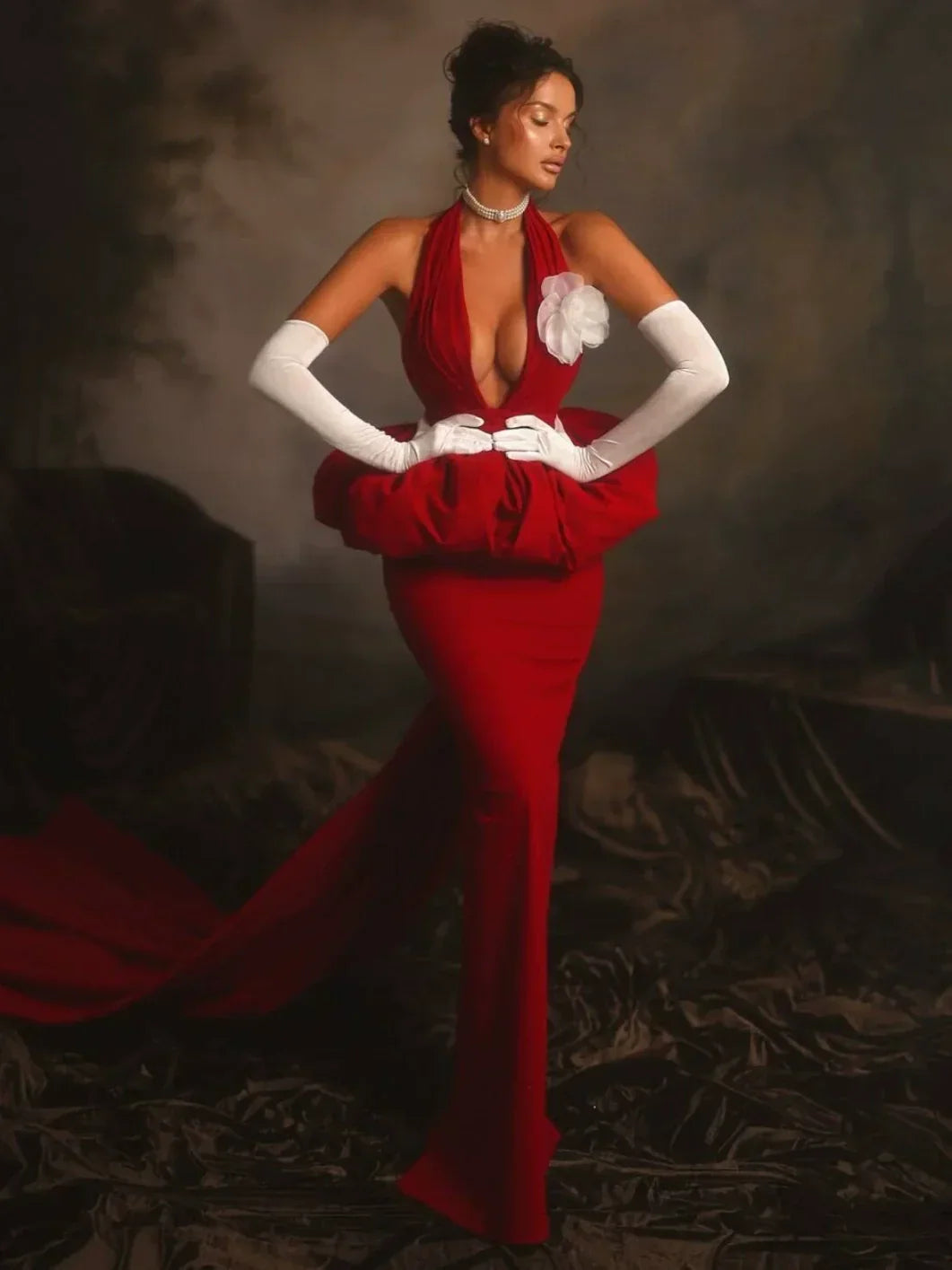 Halter Neck Deep V-Neck Floral Applique Ruffled Peplum Mermaid Train Gown