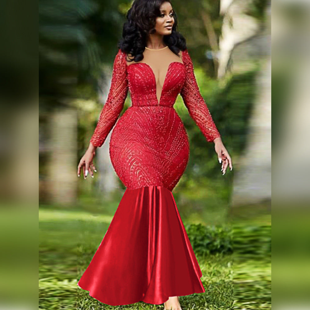 Sequin Illusion Plunge Long Sleeve Satin Flounce Mermaid Gown
