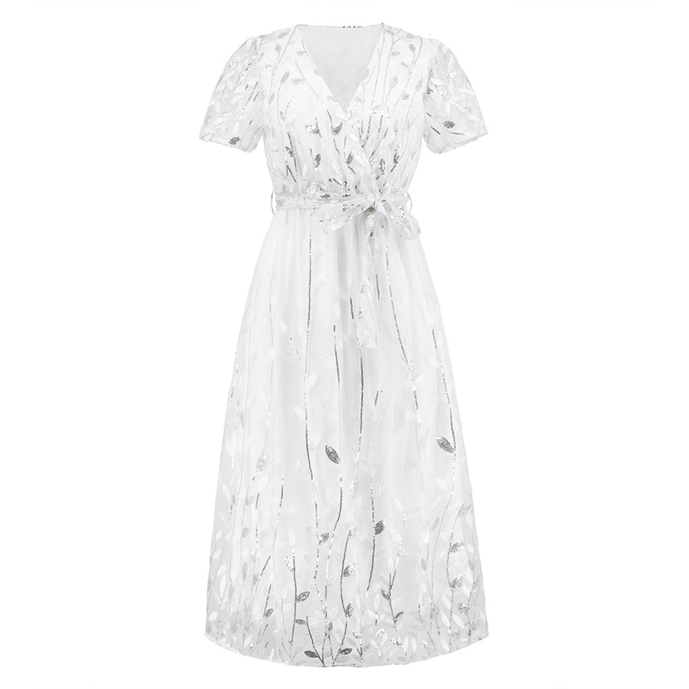 Mesh Embroidered Leaf Sequin V-Neck Wrap Tie Waist A-Line Midi Dress