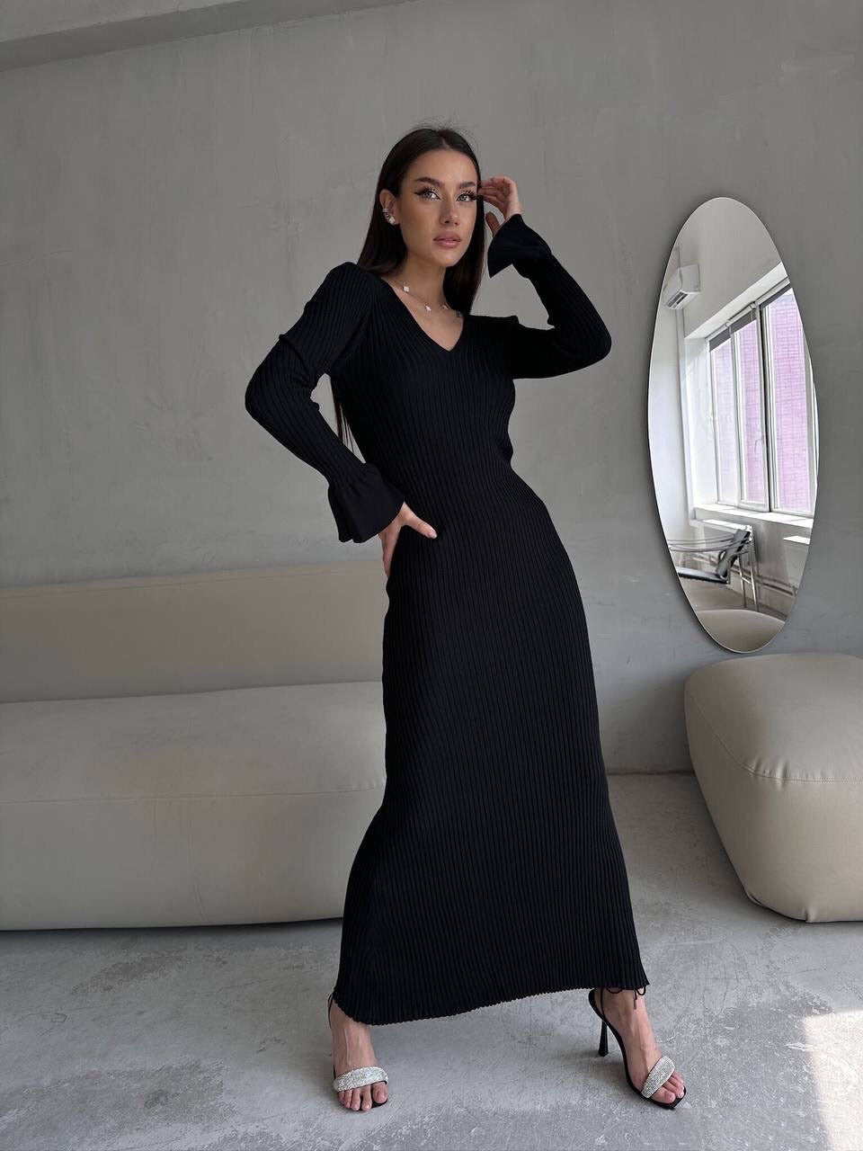 Long Sleeve V neck Tight Knitted Dress Solid Color Rib Fabric Wool Long Dress