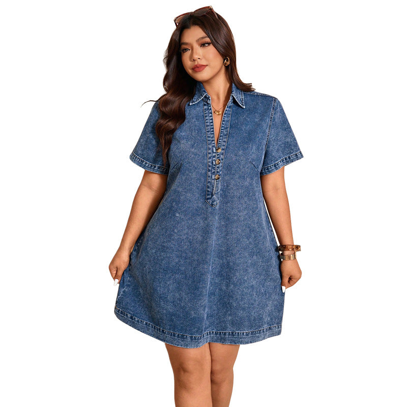 Denim Collared Half Button Placket Short Sleeve Shift Mini Dress 2